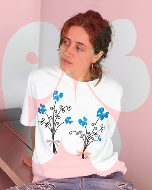 2 SPARKLY BOUQUETS ON CRISP WHITE SHORT SLEEVE T-SHIRT (SIZE L REGULAR FIT)
