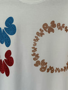 RED BLUE BEIGE GLITTER ON WHITE LONG SLEEVE T-SHIRT (SIZE S OVERSIZE FIT)