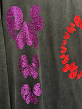 PURPLE AND RED GLITTER ON WASHED BLACK LONG SLEEVE T-SHIRT (SIZE S OVERSIZED FIT)