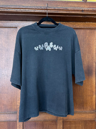 CONFETTI SILVER FRONT & BLACK GLITTER BACK ON WASHED BLACK T-SHIRT (SIZE XS OVERSIZED BOXY FIT)