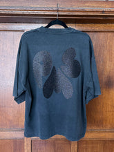 CONFETTI SILVER FRONT & BLACK GLITTER BACK ON WASHED BLACK T-SHIRT (SIZE XS OVERSIZED BOXY FIT)