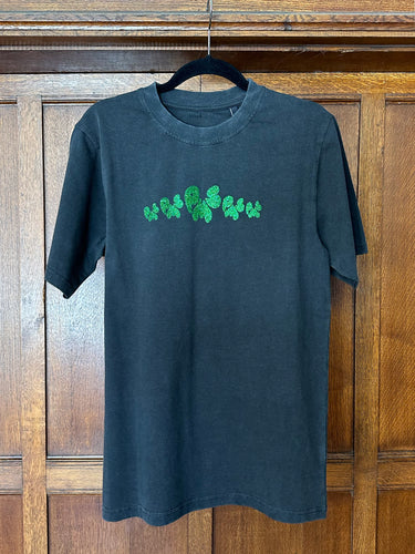 DEEP GREEN FRONT & BLACK GLITTER ON WASHED BLACK T-SHIRT (SIZE S REGULAR FIT)