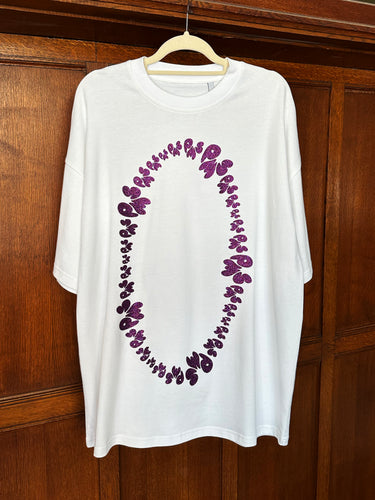 PURPLE GLITTER OVAL ON WHITE T-SHIRT (SIZE S OVERSIZED BOXY FIT)