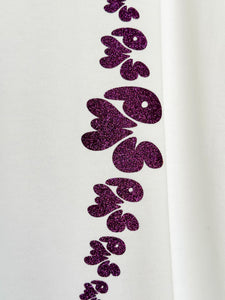 PURPLE GLITTER OVAL ON WHITE T-SHIRT (SIZE S OVERSIZED BOXY FIT)