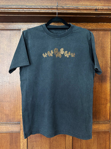 BRONZE FRONT & BLACK GLITTER ON WASHED BLACK T-SHIRT (SIZE XS REGULAR FIT)