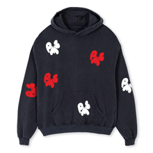 WASHED BLACK OVERSIZED PMS HOODIE WITH WHITE & RED CRINKLY PUFF LOGOS