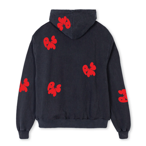 WASHED BLACK OVERSIZED PMS HOODIE WITH RED CRINKLY PUFF LOGOS
