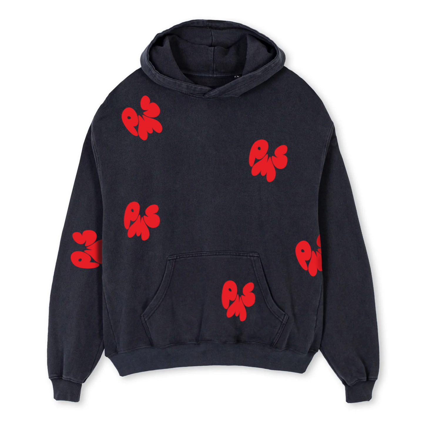 WASHED BLACK OVERSIZED PMS HOODIE WITH RED CRINKLY PUFF LOGOS