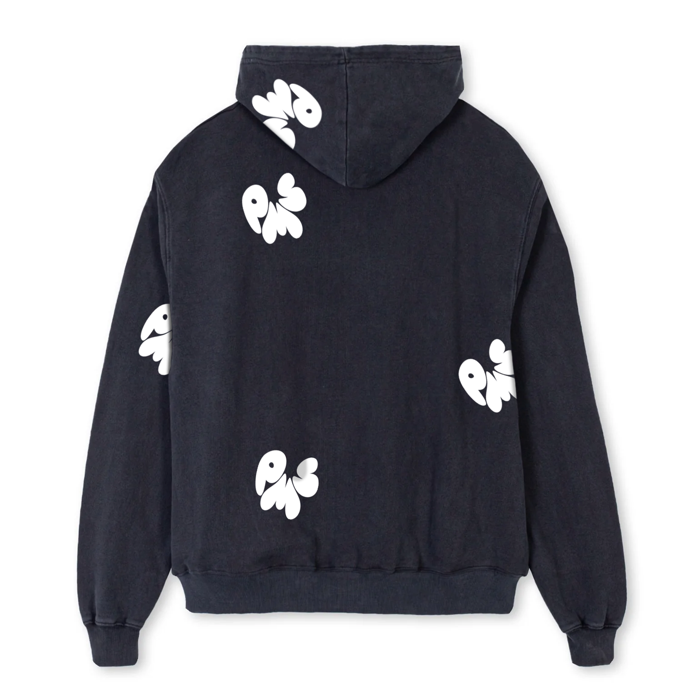 WASHED BLACK OVERSIZED PMS HOODIE WITH WHITE CRINKLY PUFF LOGOS