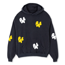 WASHED BLACK OVERSIZED PMS HOODIE WITH WHITE & YELLOW CRINKLY PUFF LOGOS
