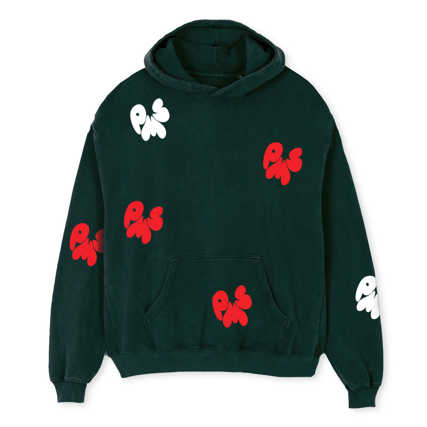 DARK GREEN OVERSIZED PMS HOODIE WITH RED AND WHITE CRINKLY PUFF LOGOS