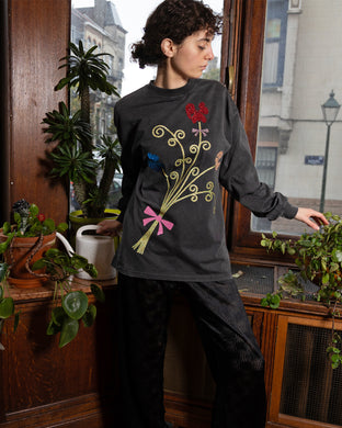 BIG BOUQUET SPARKLES ON WASHED BLACK LONG SLEEVE T-SHIRT