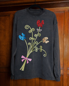 BIG BOUQUET SPARKLES ON WASHED BLACK LONG SLEEVE T-SHIRT