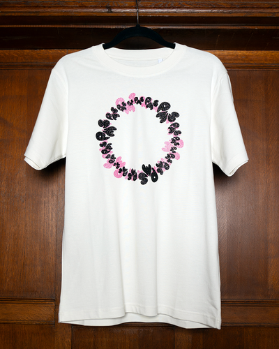 PINK and BLACK GLITTER CIRCLE LOGO ON OFF-WHITE T-SHIRT (SIZE XS REGULAR FIT)