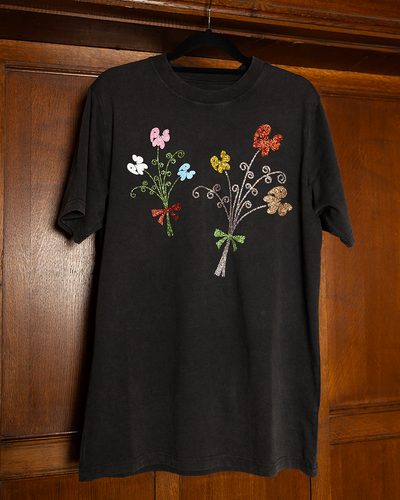 2 SPARKLY BOUQUETS ON WASHED BLACK SHORT SLEEVE T-SHIRT (REGULAR FIT)