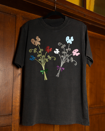 2 SPARKLY BOUQUETS ON WASHED BLACK SHORT SLEEVE T-SHIRT