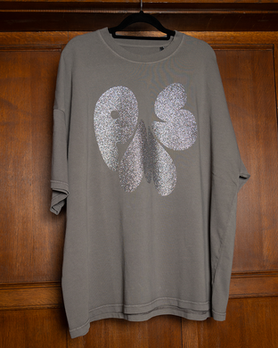 HOLO SILVER GLITTER ON BLOCK GREY T-SHIRT (SIZE XL OVERSIZED BOXY FIT)