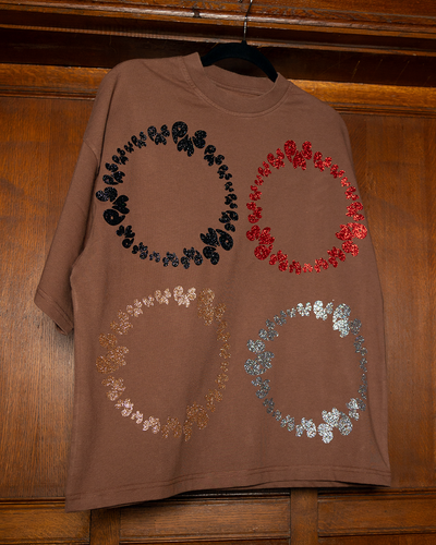 MULTI GLITTER CIRCLES ON WARM BROWN T-SHIRT (SIZE XS BOXY FIT)