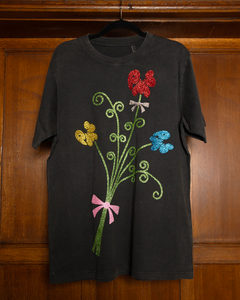 BIG BOUQUET SPARKLES ON WASHED BLACK SHORT SLEEVE T-SHIRT