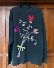 BIG BOUQUET SPARKLES ON WASHED BLACK LONG SLEEVE T-SHIRT (SIZE S OVERSIZED FIT)